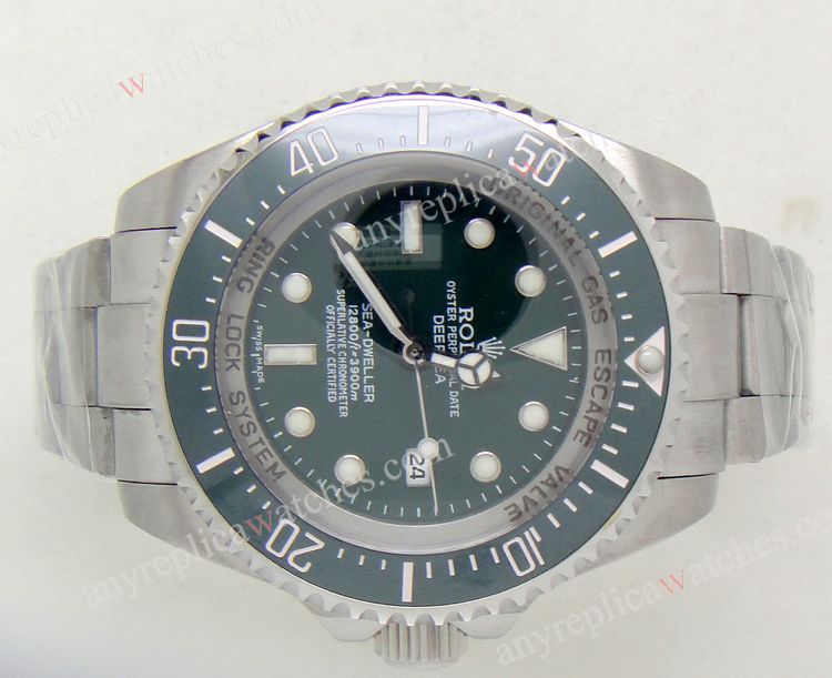 44mm Replica Rolex Sea Dweller Green Face Watch